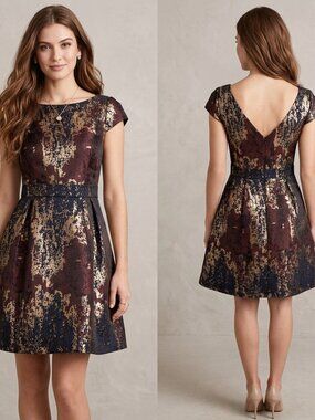 Vince Camuto Metallic Jacquard Fit & Flare Dress pleated skirt ,pockets Size 0